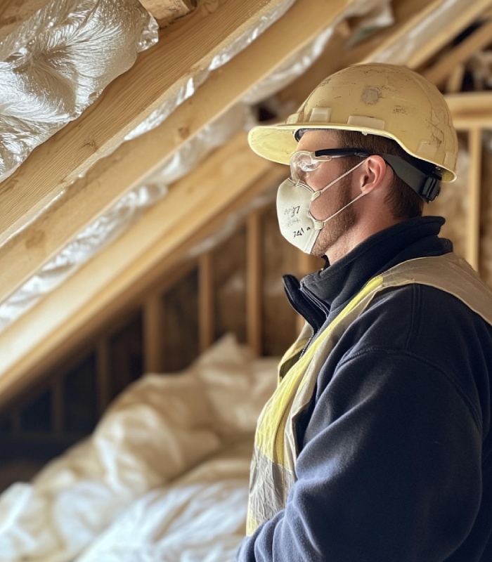 Technicien A.C.P. Filipe vérifiant l’isolation sous toiture