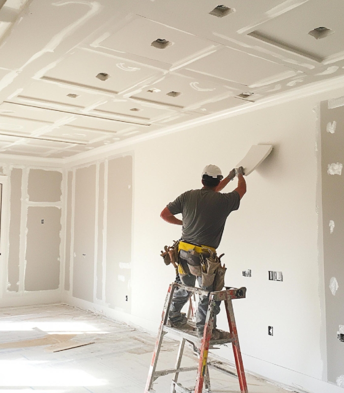 Plaquiste A.C.P. Filipe appliquant un enduit de finition sur plaques de plâtre